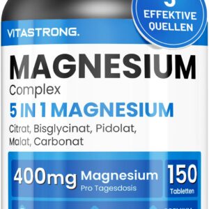 Vitastrong Magnesium Komplex 5-in-1, 400mg pro Dosis, 5 Quellen: Bisglycinat, Citrat, Malat, Pidolat, Carbonat, 150 Tabl