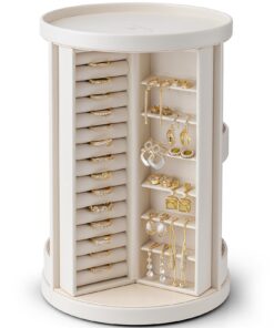 Vlando 360° Drehbar Schmuckkästchen für Halsketten, Ohrringe und Armbänder - Offenes Design - Beige