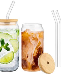 LINXIU Glasbecher in Dosenform für Eiskaffee und Cocktails - 500ml Trinkgläser mit Bambusdeckel und Glasstrohhalm - 2er