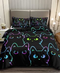 HOSIMA Katzen-Bettwäsche-Sets für Kinder, niedlich, bunt, Farbverlauf, Cartoon, Schwarze Katze, Bettbezug mit 2 Kissenbe