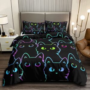 HOSIMA Katzen-Bettwäsche-Sets für Kinder, niedlich, bunt, Farbverlauf, Cartoon, Schwarze Katze, Bettbezug mit 2 Kissenbe