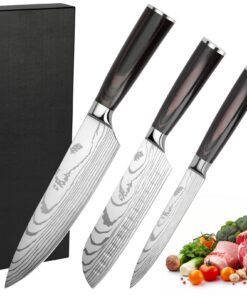 Küchenmesser Set 3-TLG mit Santoku, Allzweckmesser und Kochmesser aus Hochwertigem Carbon Edelstahl | Ergonomisches Küc