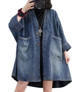Damen JeansjackeVintage-Blau Lange Verblasst Mit Knöpfen XL