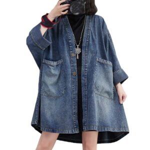 Damen JeansjackeVintage-Blau Lange Verblasst Mit Knöpfen XL