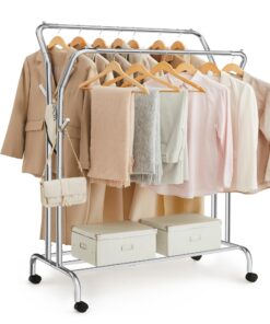 SONGMICS Belastbare Rollen Kleiderständer, 2 Stangen, silbern, 103,5 cm breit, multifunktionale Garderobe, bis 100 kg