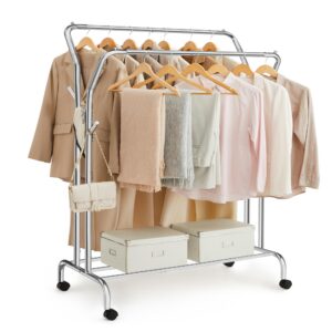 SONGMICS Belastbare Rollen Kleiderständer, 2 Stangen, silbern, 103,5 cm breit, multifunktionale Garderobe, bis 100 kg