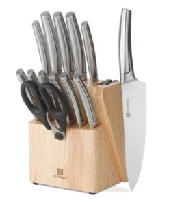 Küchenmesser-Set Edelstahl 13-teilig mit GummibaumHolz Block & integriertem Schärfer | Allzweck-Kochmesser-Set Edelstah