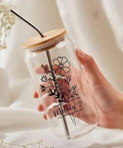 Personalisierte Name Wassergläser für Familie und Party (C) Geburtstage Blumen Druck auf Gläsern für Bar (C) Bambus