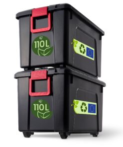 Iris Ohyama große Kunststoff-Aufbewahrungsbox für Garagen, 110 l, 2er-Set SIA-110, schwarz, stapelbar – B75 x T44,5 x H4