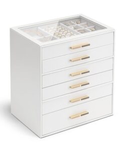Vlando Schmuckkästchen für Damen mit 6 Ebenen - Weiß – Schmuck-Organizer mit Glasdeckel & 6 Schubladen