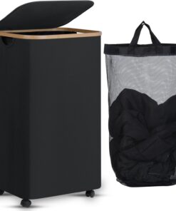 EFLUKY 100L Extra Großer Wäschekorb mit Rollen, Schwarz Faltbar mit Bambusgriffen und abnehmbarer Tasche für Schlafzimme