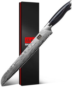 SHAN ZU 25 cm Scharfes Pulverstahl-Brotmesser für Brotschneiden 63 HRC Japanisch-Jagdmesser mit Wellenschliff