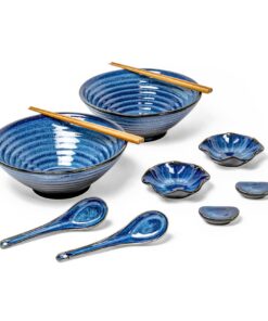 UNICASA Keramik Ramen Schüssel Set 2er Blau mit Stäbchen Löffel & Ablage