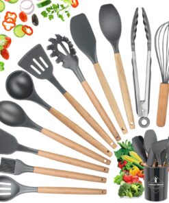 Hicoosee 22 Teiliges Küchenutensilien Set mit S-Haken | BPA-Freies Silikon Kochbesteck Set mit Holzgriff | Küchenhelfer
