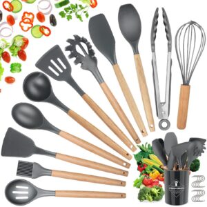 Hicoosee 22 Teiliges Küchenutensilien Set mit S-Haken | BPA-Freies Silikon Kochbesteck Set mit Holzgriff | Küchenhelfer
