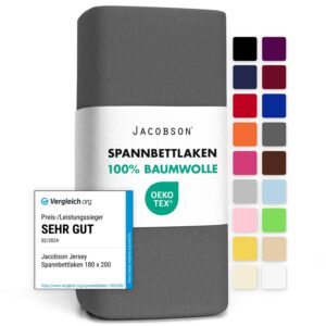 Jacobson Jersey Spannbettlaken für Erwachsene - Baumwollig, Oeko-Tex-Standard 100, Anthrazit 180x200-200x200 cm Jacobs