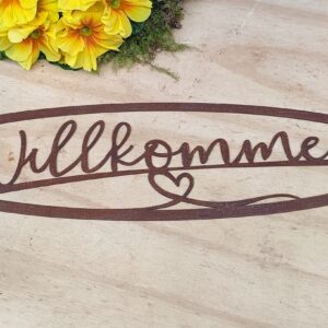 Schild "Willkommen mit Herz" oval, Edelrost aus Metall, ideal für Garten und Haus in Sommer-Terrassen- und Vorgartendeko