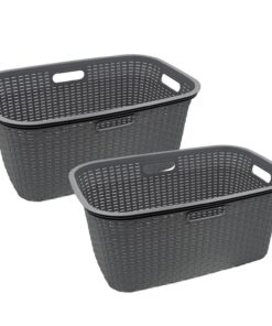 HRB Wäschekorb Plastik Rattan Optik, 40 L Wäsche Box, für große Familien (2 Stück, Grau)