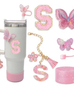 LAMOOER Cup Zubehör Set für Stanley Tumbler - Rosa, Einkaufszubehör, Briefaufkleber, Schmetterlingsticker und Silikonsti