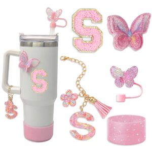 LAMOOER Cup Zubehör Set für Stanley Tumbler - Rosa, Einkaufszubehör, Briefaufkleber, Schmetterlingsticker und Silikonsti
