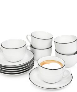 SÄNGER Marlo Black Rim Tassen Set 12 tlg | 6 Personen Porzellan Kaffeeservice | Weiß mit schwarzen Akzenten 200 ml | PRE