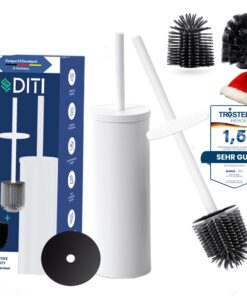 Klobürste DITI® Silikon Rund Edelstahl Rostfrei - Toilettenbürste Matt weiß - Klobürste mit Halter 2 Köpfe 2 Spritzschut