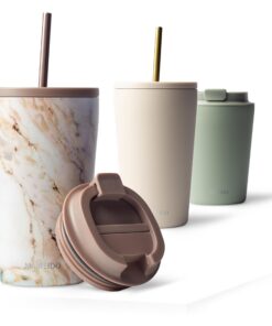 MAMEIDO Thermobecher mit Strohhalm Coffee to go | doppelwandig isoliert | Edelstahl | 0,47l | Pearl Marble