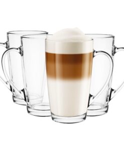 KROSNO 1992 Glas Marken Gläser Set 4 Stück Kaffeegläser Teegläser Mit Henkel 400 ml Groß Durchsichtig Spülmaschinenfest