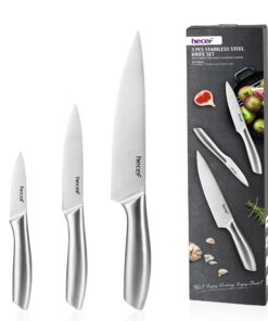Hecef Kochmesser Set 3 Stück | Scharfe Edelstahlklingen | Silber | Klingenschutz | Küche für Profis und Anfänger | 20cm