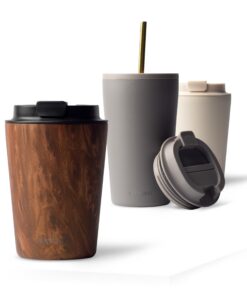 MAMEIDO Thermobecher 350 ml - warmhaltend, dichter Kaffeebecher to go aus Edelstahl doppelwandig isoliert (Oak Wood) M