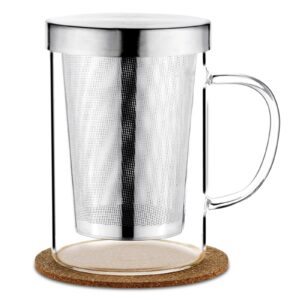 AOOTE Glas Teetasseprobability 500ml, Borosilikat Teetasse für Liebhaber mit Edelstahl Sieb und Deckel, perfekt für jede