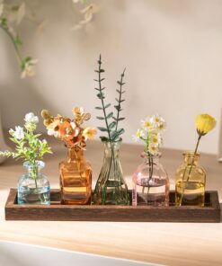 Glasseam 5 Mini Glasvasen Set mit Holztablett - Stilvolle Bunte Tischdeko für Wohnzimmer Frühlingsdeko