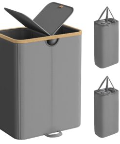 SONGMICS Wäschekorb mit 2 Fächern für Schlafzimmer, schiefergrau-naturbeige LCB523G01