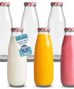 HEFTMAN Glas-Milchflaschen 500ml Set mit 6 luftdichten Flaschen mit rotem Gingham-Deckel HM3301