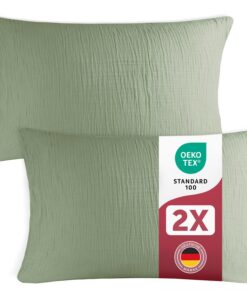 Blumtal SommerGrün Musselin Kissenbezug 40x80 cm 2er Set - OEKO-TEX zert. Waschbar bei 40°C - weiches Kopfkissen-Set