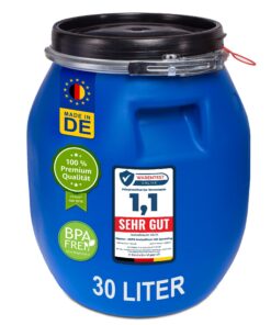 Plasteo® Lebensmitteltaugliches Deckelfass 30 Liter | Luftdicht Verschlossen | Futtertonne Stabile Griffmulden | Bluß Fa