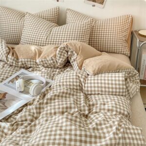 AShanlan Bettwäsche Kariert - ÖkoTex Zertifiziert, Microfaser, 220x240 Beige Karomuster, Wendebettwäsche, 2 Kissenbezug