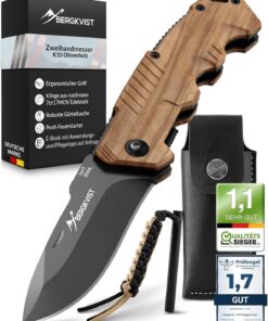 BERGKVIST® K10 Klappmesser - scharfes Outdoor-Taschenmesser mit Feuerstahl und Olivenholzgriff - zulässig zum Mitnehmen