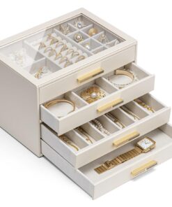 Vlando Groß Schmuckkästchen mit 4 Ebenen für Halsketten und Ohrringe, moderne Schmuckaufbewahrung mit Glasdeckel und 4 S