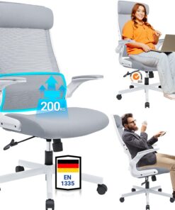 MELOKEA Bürokopfstühle Ergonomisch Grau, EN 1335, Klappbare Armlehnen
