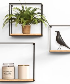 Gadgy Wandregal 3er Set Schweberegale Schwarz Metall Holz für Wohnzimmer Küche Schlafzimmer