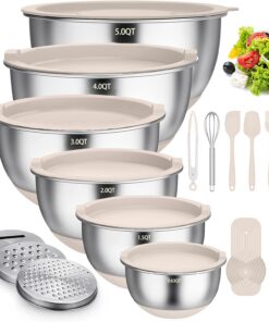 Terlulu Rührschüssel 6er Set - Edelstahl, Salatschüssel mit Deckel & Silikonboden - Fertig für Gastfreundschaft - Khaki