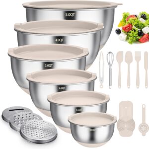 Terlulu Rührschüssel 6er Set - Edelstahl, Salatschüssel mit Deckel & Silikonboden - Fertig für Gastfreundschaft - Khaki