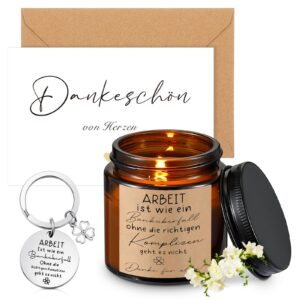 Sinmoe Dankeschön Geschenk Set für Kollegen - Duftkerze im Glas, Arbeit Ist Wie Ein Banküberfall, Schlüsselanhänger & Ka
