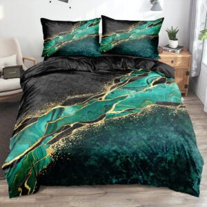 Luowei Bettwäsche 135x200 2tlg Marmor Schwarz Grün für Kinder und Erwachsene mit 80x80 Reißverschluss Kissenbezug, Mikro