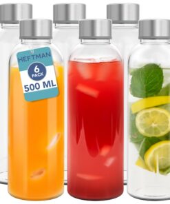 HEFTMAN Luftdichte Glasflaschen mit Edelstahldeckel – Auslaufsicher für Wasser, Smoothies & Säfte, inkl. Reinigungsbürst
