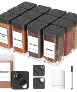 Schwarz Stabiler Plastik Gewürzgläser Eckig Set Mit Deckel 12x 120ml Luftdicht Mit Streueinsatz Und 36 Etiketten