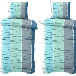 Visaggio Mikrofaser Bettwäsche Set - modern Blau Türkis, 135x200 cm, Wellen gestreift, verdeckter Reissverschluss, 4 tei