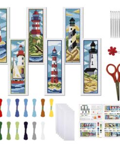 FREEBLOSS 6 Set Lesezeichen Kreuzstich Sets für Anfänger mit Leuchtturm Landschaftsmuster und Anleitung
