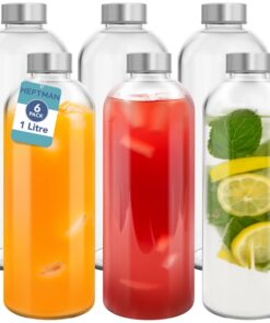 HEFTMAN Glaswasserflasche 1 Liter 6er-Pack - Luftdicht Auslaufsicher mit Edelstahldeckeln & Reinigungsbürste